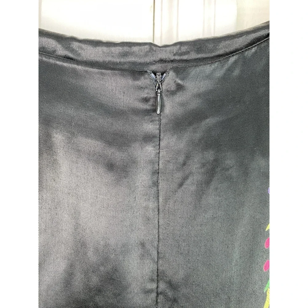 Clio Women's 12 Black Colorful Satin Floral Bird Beaded Fringe Maxi Skirt
